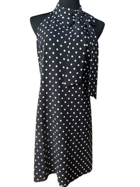 Vince Camuto Polka Dot Tie Neck Dress Size 8 Black White Sleeveless Shift Bow